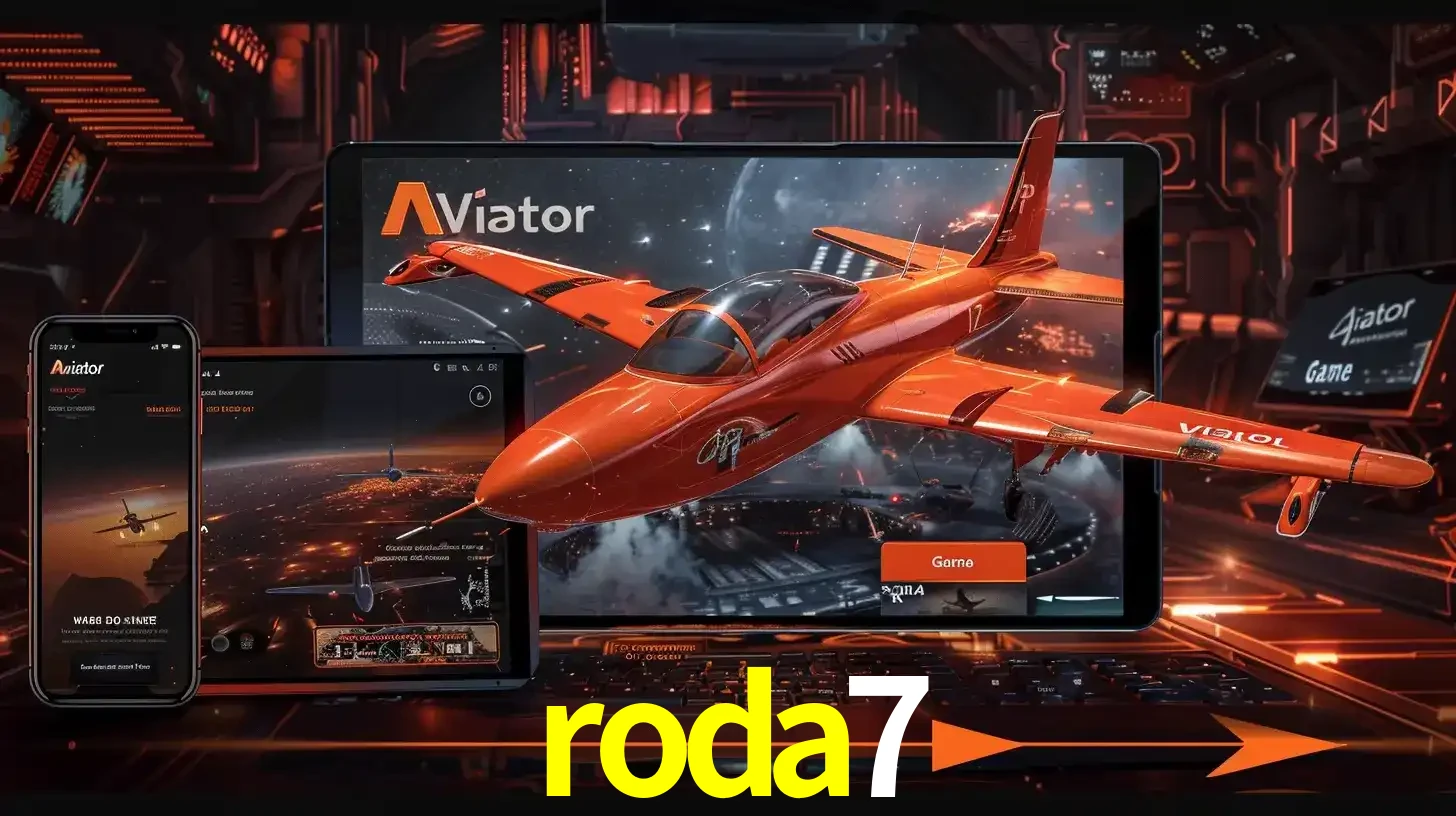 Apresentação tecnológica do jogo Aviator com um avião saindo da tela de um tablet, demonstrando a experiência imersiva em múltiplos dispositivos no roda7.