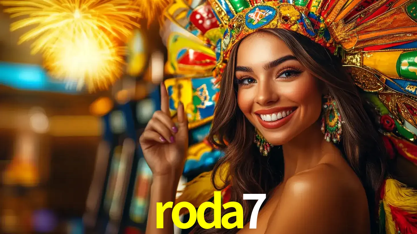 Mulher sorridente com um cocar de carnaval vibrante e colorido, celebrando uma grande vitória nos jogos do cassino roda7 com fogos de artifício ao fundo.