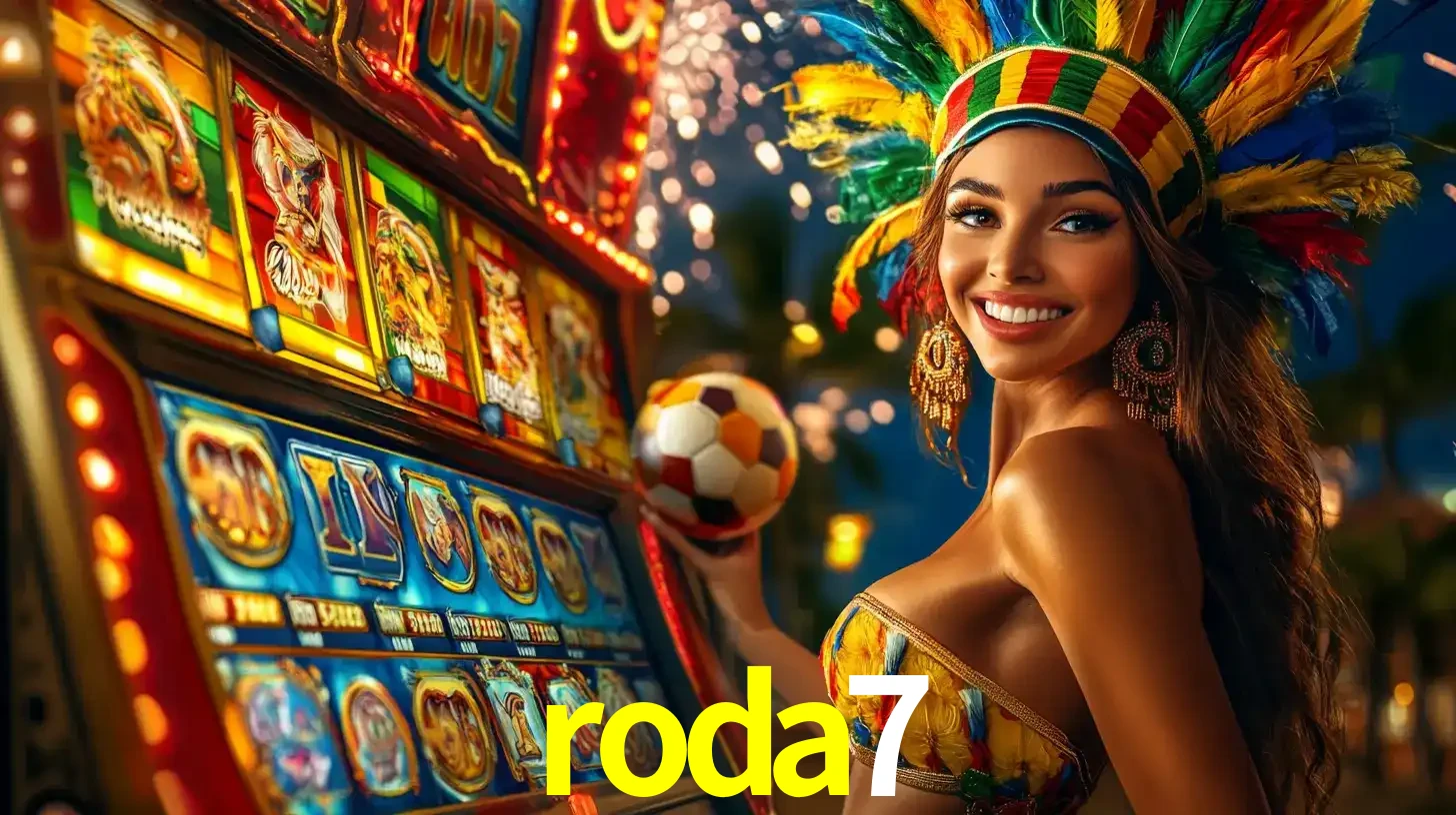 Mulher com um cocar de carnaval ao lado de uma máquina de caça-níqueis enquanto segura uma bola de futebol, mostrando a união da diversão de cassino e esportes no roda7.