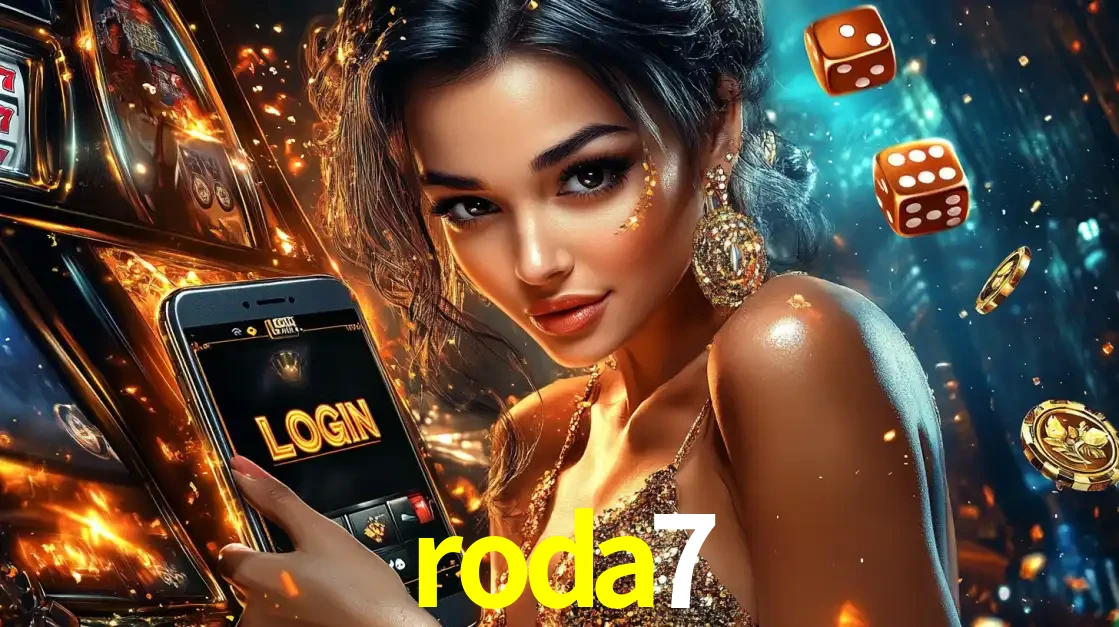Mulher glamourosa segurando um celular com a tela de login do cassino roda7, rodeada por dados e moedas douradas, pronta para começar a diversão.