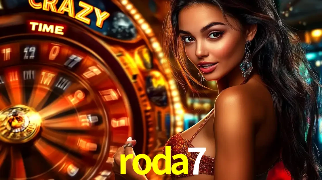 Mulher ao lado da roda de prêmios do jogo de cassino ao vivo Crazy Time, um dos shows de jogos mais emocionantes oferecidos pela plataforma de apostas roda7.