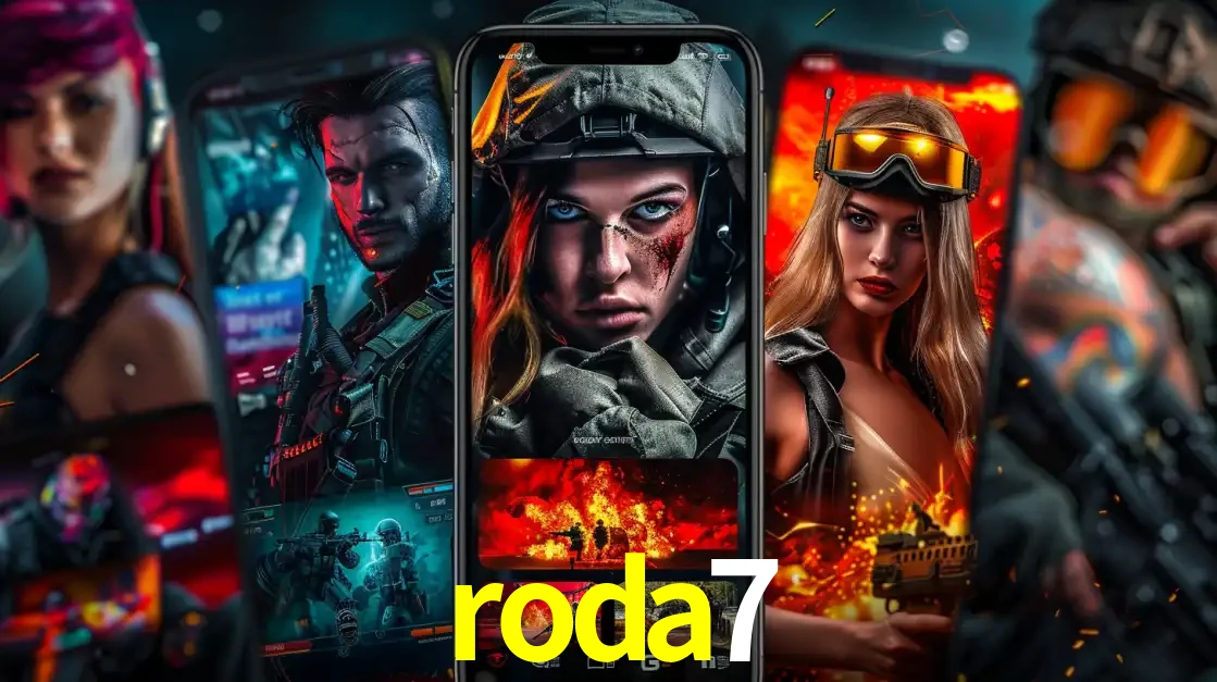 Montagem de telas de celular mostrando diversos personagens, masculinos e femininos, de um jogo de tiro, ilustrando a diversidade de equipes de e-sports para apostar no roda7.