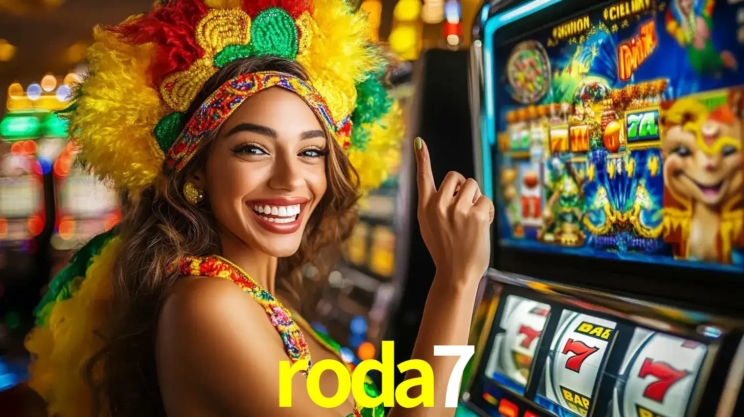 Mulher animada com um cocar de carnaval apontando para uma máquina de caça-níqueis, mostrando a emoção de ganhar um grande prêmio nos jogos do roda7.