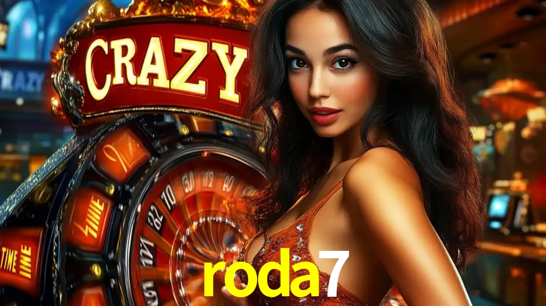 Mulher glamourosa olhando para a câmera com a roda vermelha do Crazy Time ao fundo em um ambiente de cassino, destacando a emoção dos jogos ao vivo no roda7.