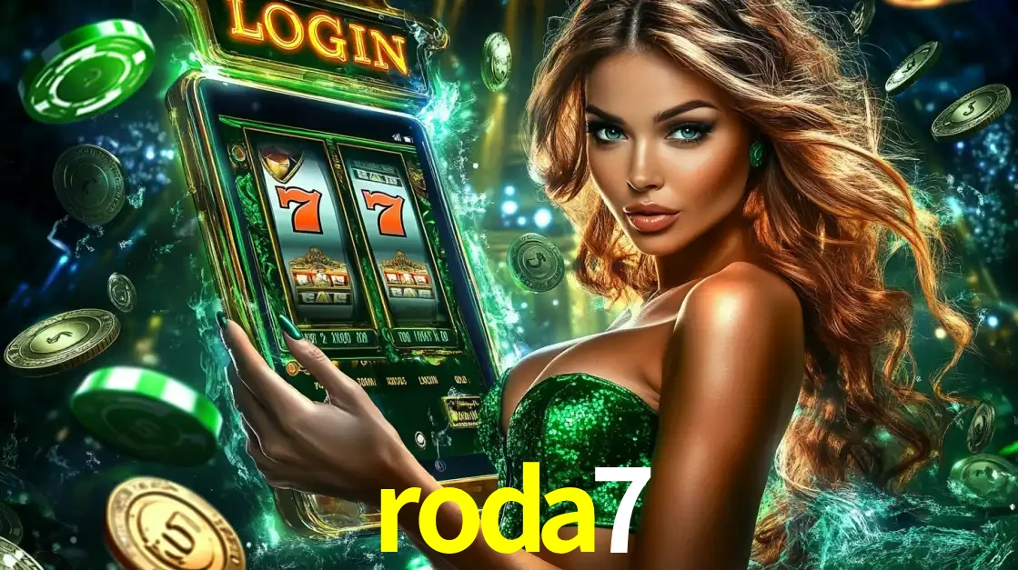 Mulher com tema verde apresentando o aplicativo do cassino roda7 com um jogo de slot de 777, cercada por fichas de cassino e uma aura de sorte.