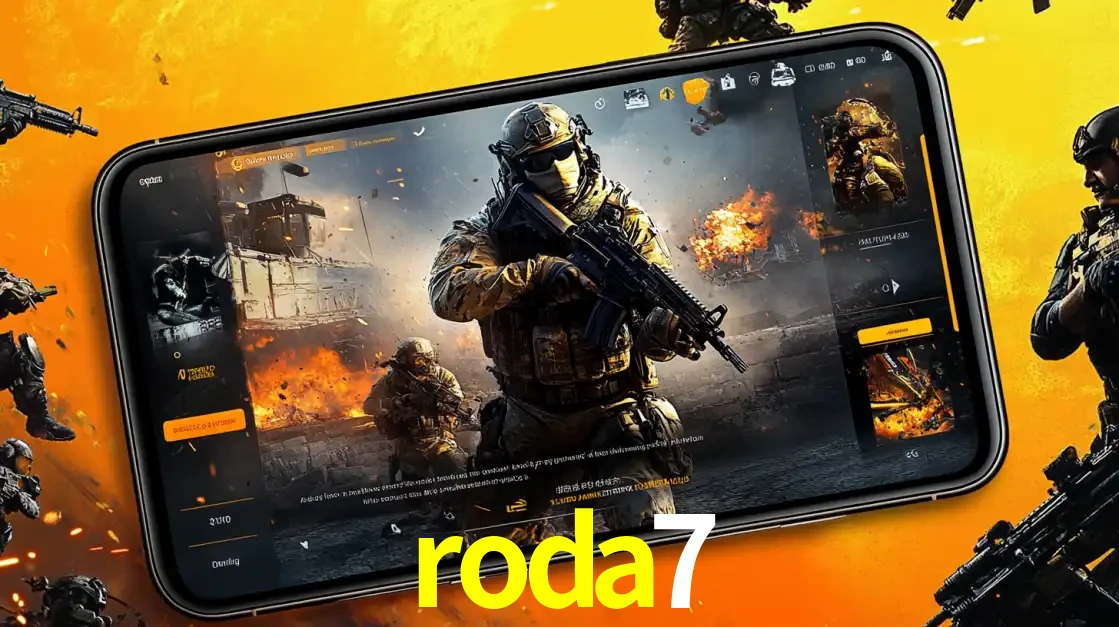 Um smartphone exibindo a interface de um jogo de tiro em primeira pessoa, com um soldado em um cenário de batalha, representando a ação dos e-sports para apostar no roda7.
