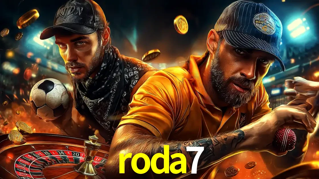 Montagem de apostas esportivas e cassino no roda7, com um homem segurando uma bola de futebol e outro uma de beisebol sobre uma roleta e moedas voadoras.