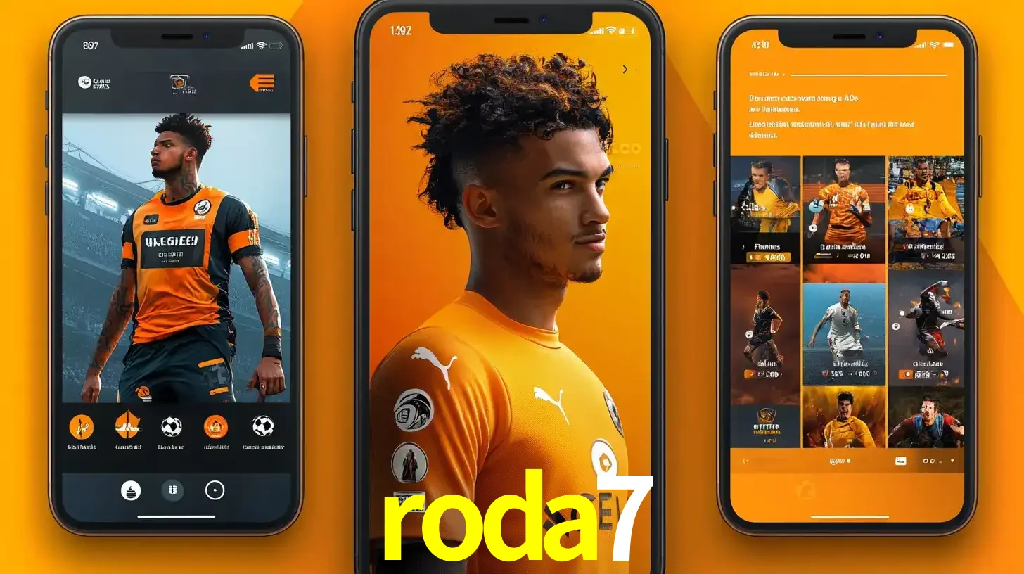 Interface do aplicativo de apostas esportivas roda7 em três telas de celular, mostrando o perfil de um jogador de futebol e a lista de jogos disponíveis para apostar.