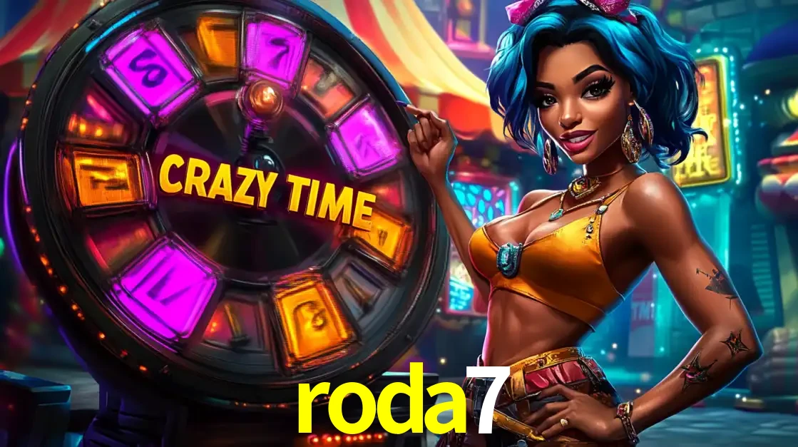 Mulher estilizada com cabelo azul e visual vibrante posando ao lado da roda de prêmios do game show Crazy Time, convidando para a diversão e os bônus do cassino roda7.