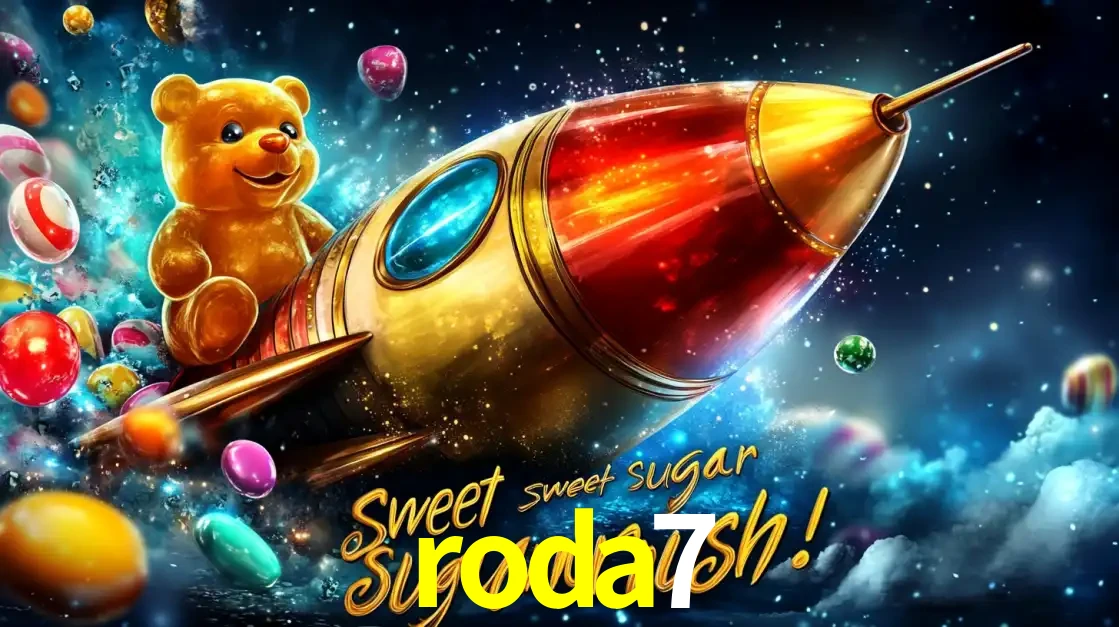 Arte promocional do jogo de slot Sugar Rush, com um urso de pelúcia em um foguete viajando pelo espaço de doces, um dos jogos divertidos disponíveis no cassino roda7.