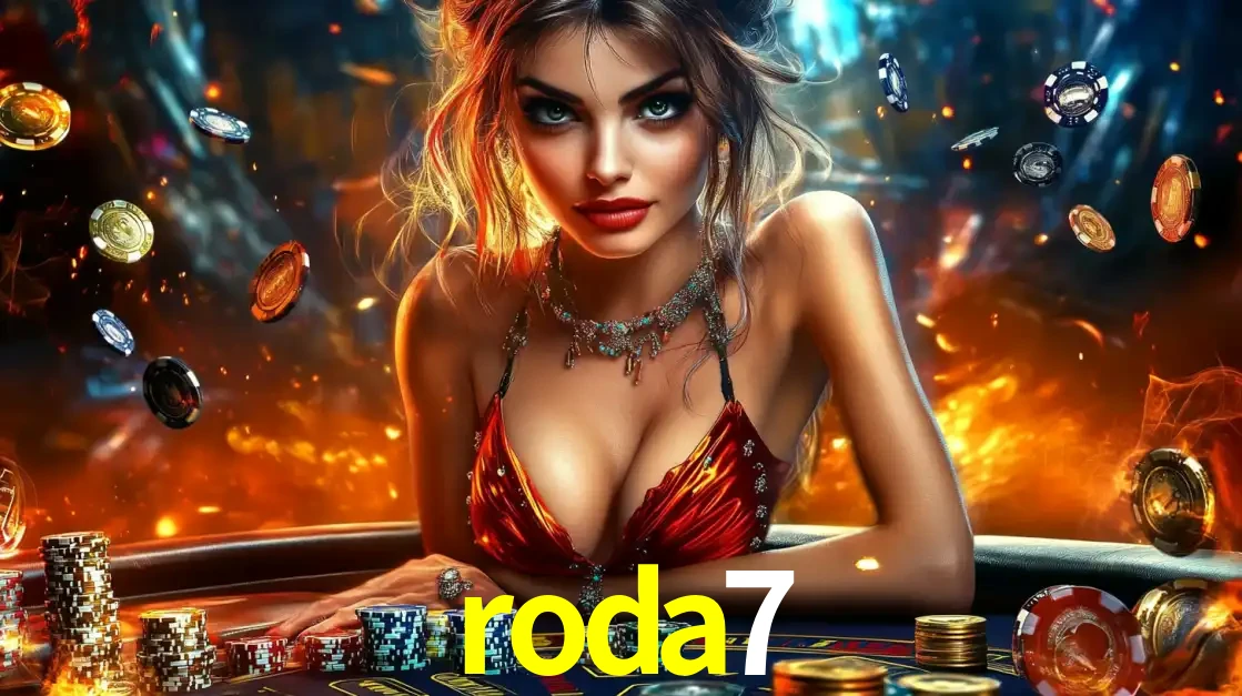 Mulher em uma mesa de cassino com pilhas de fichas e um fundo de fogo, pronta para uma rodada de altas apostas nos jogos de mesa emocionantes do cassino roda7.