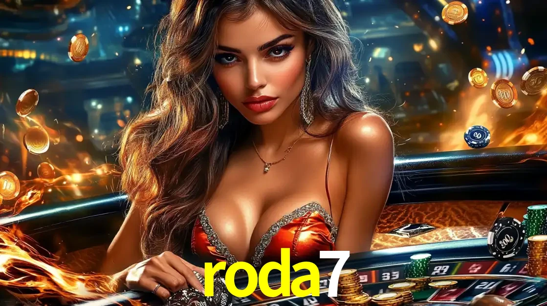 Mulher glamourosa em uma mesa de roleta com um fundo de chamas e moedas voadoras, pronta para fazer sua aposta e ganhar grandes prêmios no cassino ao vivo roda7.