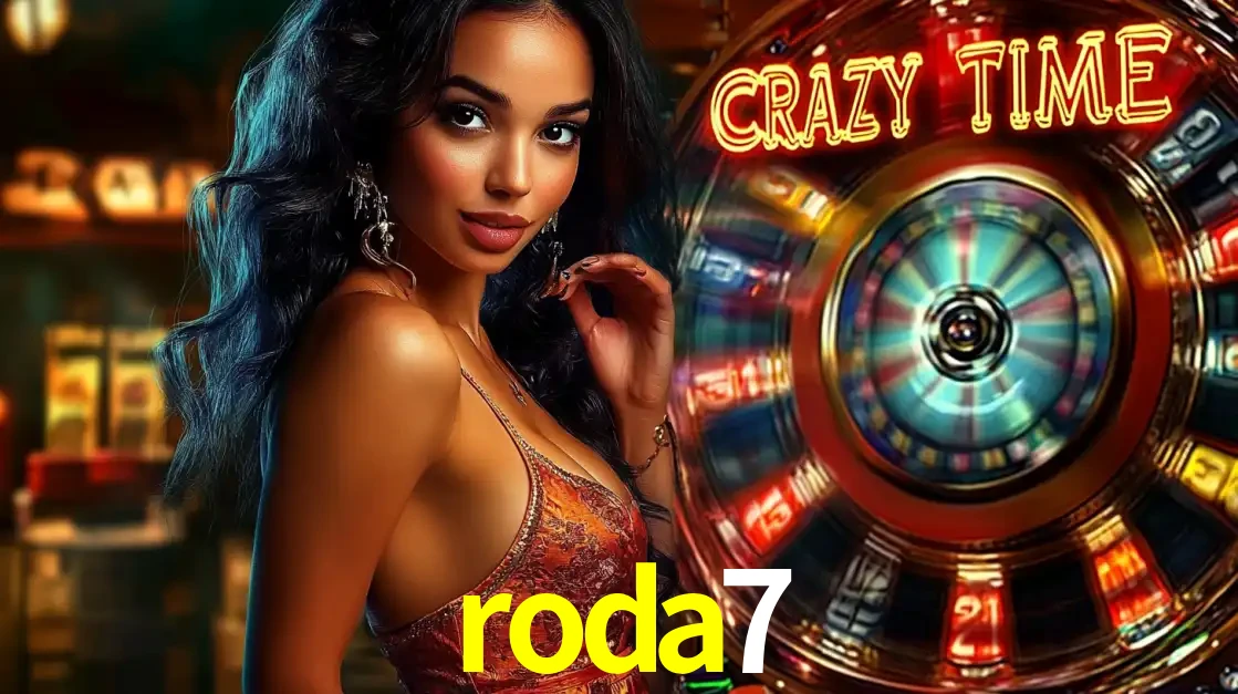 Mulher elegante ao lado da vibrante roda da fortuna do jogo de cassino ao vivo Crazy Time, um dos game shows mais populares e cheios de prêmios do roda7.