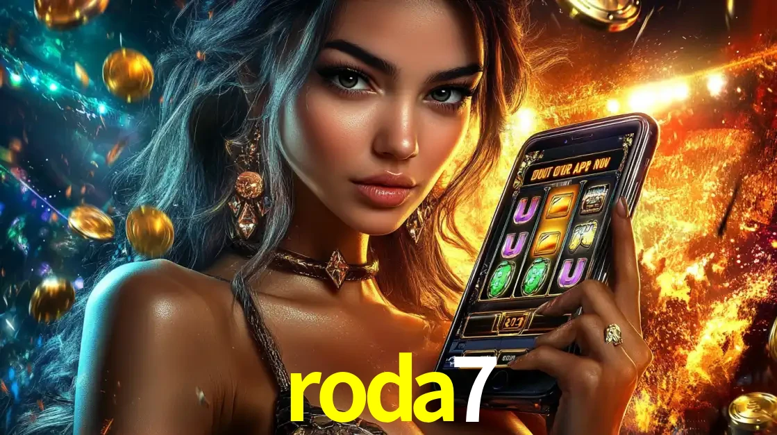 Mulher elegante mostrando um jogo de caça-níqueis em seu smartphone, destacando a experiência de cassino móvel oferecida pelo aplicativo roda7.