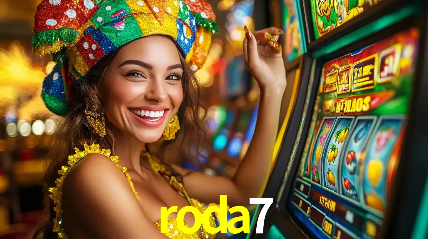 Mulher feliz com traje de carnaval amarelo e colorido ao lado de uma máquina de caça-níqueis, aproveitando a diversão e os jogos temáticos do cassino roda7.