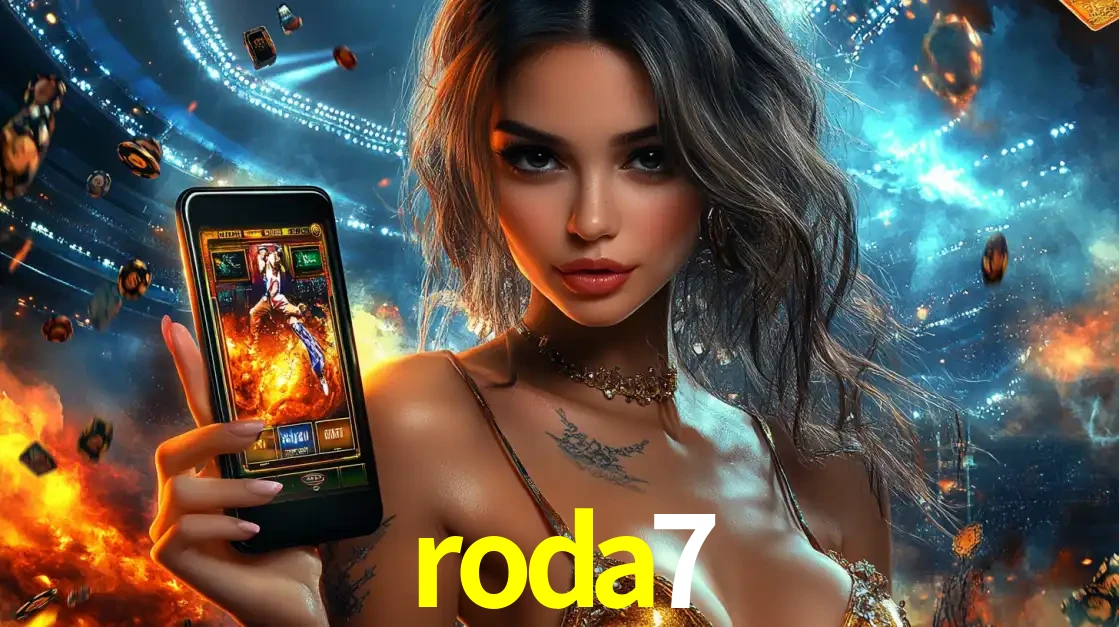 Mulher segurando um celular com um jogo de slot em destaque, tendo como fundo um estádio vibrante, simbolizando a emoção de jogar no cassino móvel roda7.