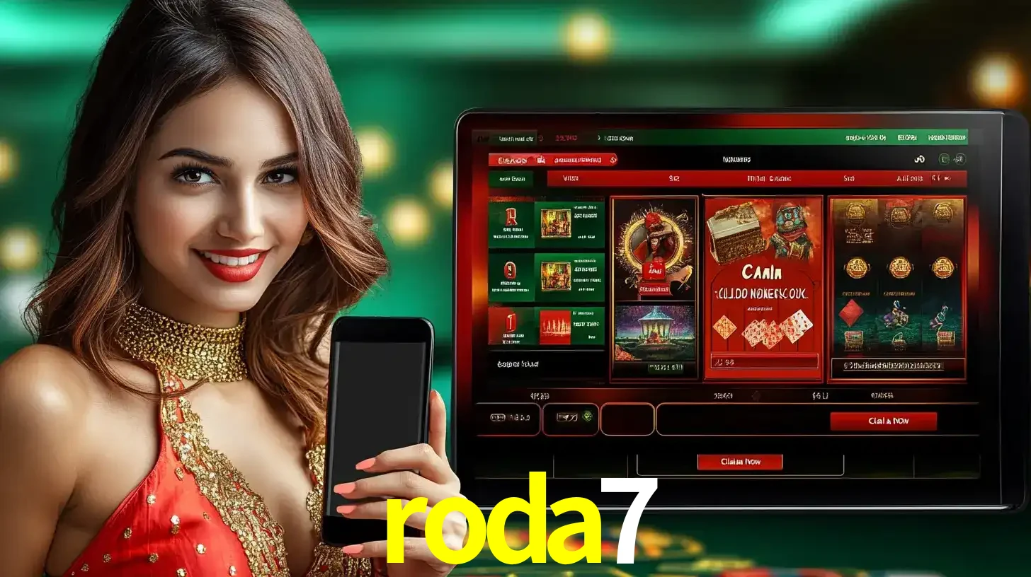 Mulher sorridente segurando um smartphone, ao lado de uma tela exibindo o lobby de jogos do cassino online roda7, com várias opções de jogos de cartas e slots.
